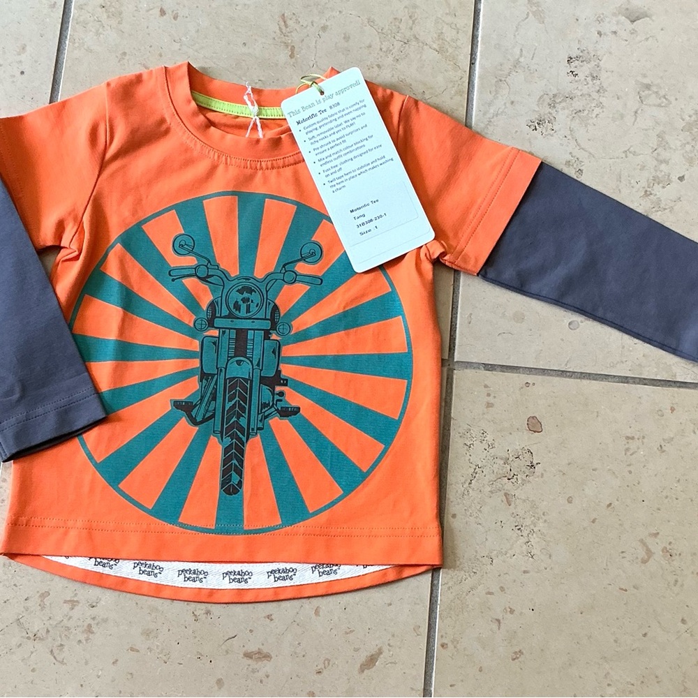 NWT Peekaboo BeansOrange and Gray Kids Motorcycle Shirt size 12m